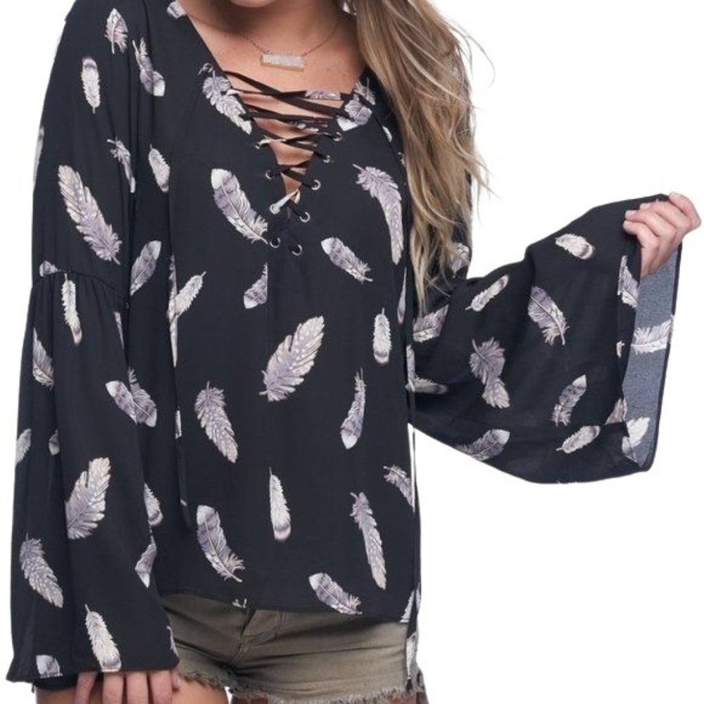 Buddy Love Henry-2 Feather Print Peasant Lace-up Front Blouse, Sz S, NWT